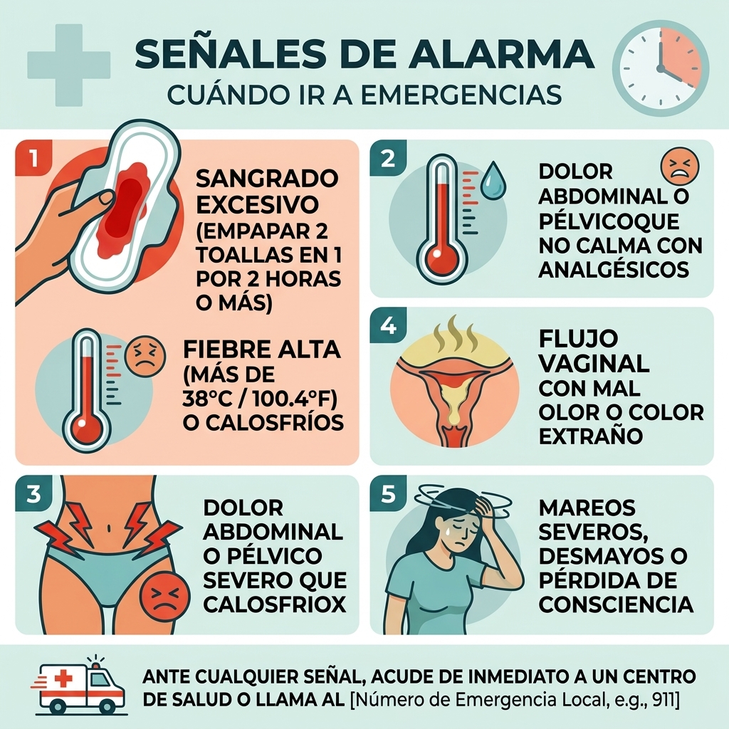 Infografia de señales de alarma y cuidados post aborto o perdida del embarazo